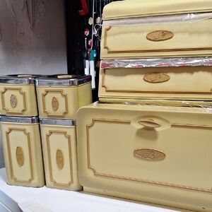 6 Pieces Vintage Yellow Kitchen Canister Set, Bread Box Aluminum Wrap Etc Cutter